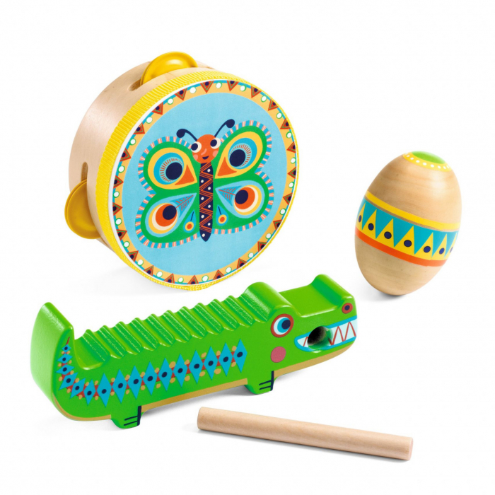 Set de intrumente muzicale de percutie, maracas, tamburina si guiro, Djeco, varsta 1 - 3 ani, Baiat, Fata [2]