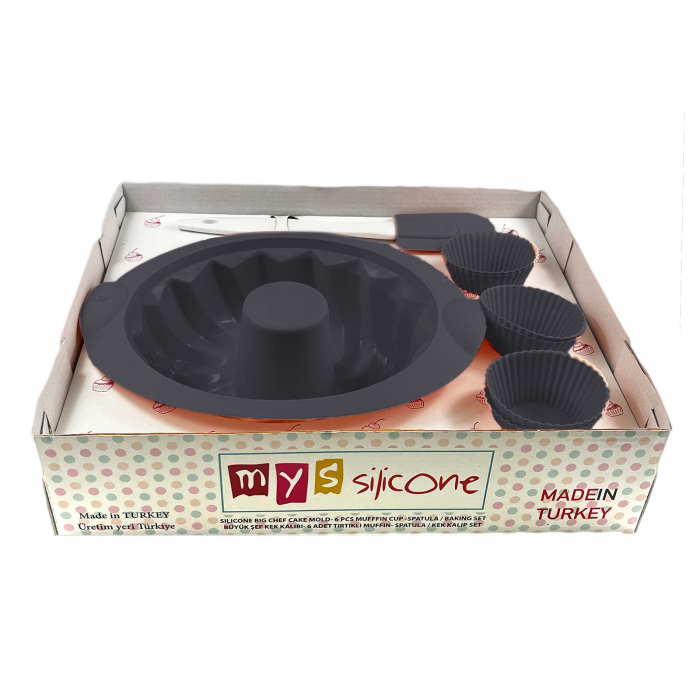 Set forme din silicon, tort si briose, cu spatula, 6 piese, Gri [6]