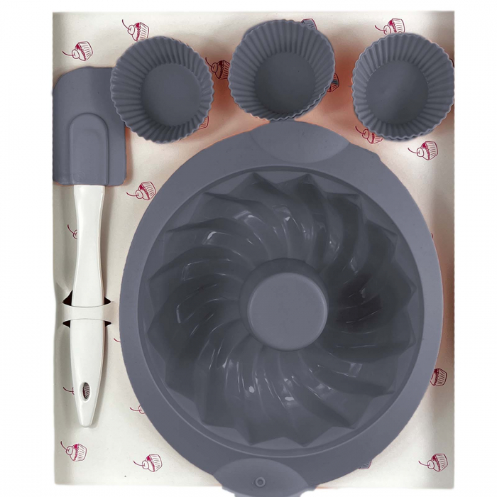 Set forme din silicon, tort si briose, cu spatula, 6 piese, Gri [5]