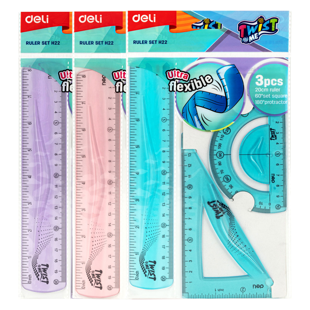 Set geometrie 3 piese flexibil twist me color (rig.20, ech.13cm, raportor) deli [2]