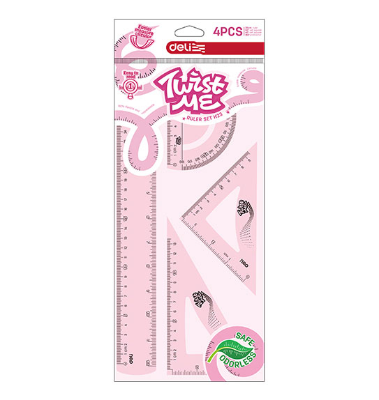 Set geometrie 4 piese flexibil twist me color (rig30cm, ech*2, rap) deli [2]