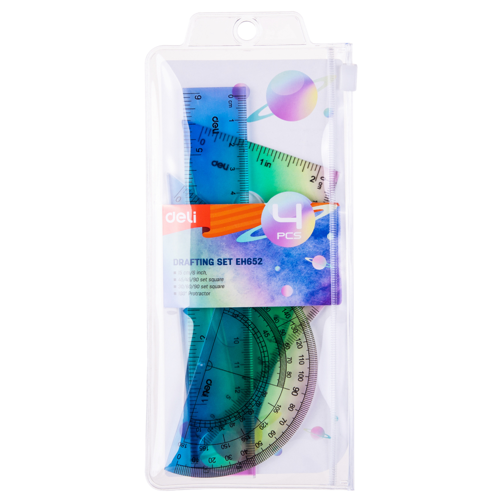 Set geometrie 4 piese multicolor (rig.15cm, ech*2, rap) deli [3]