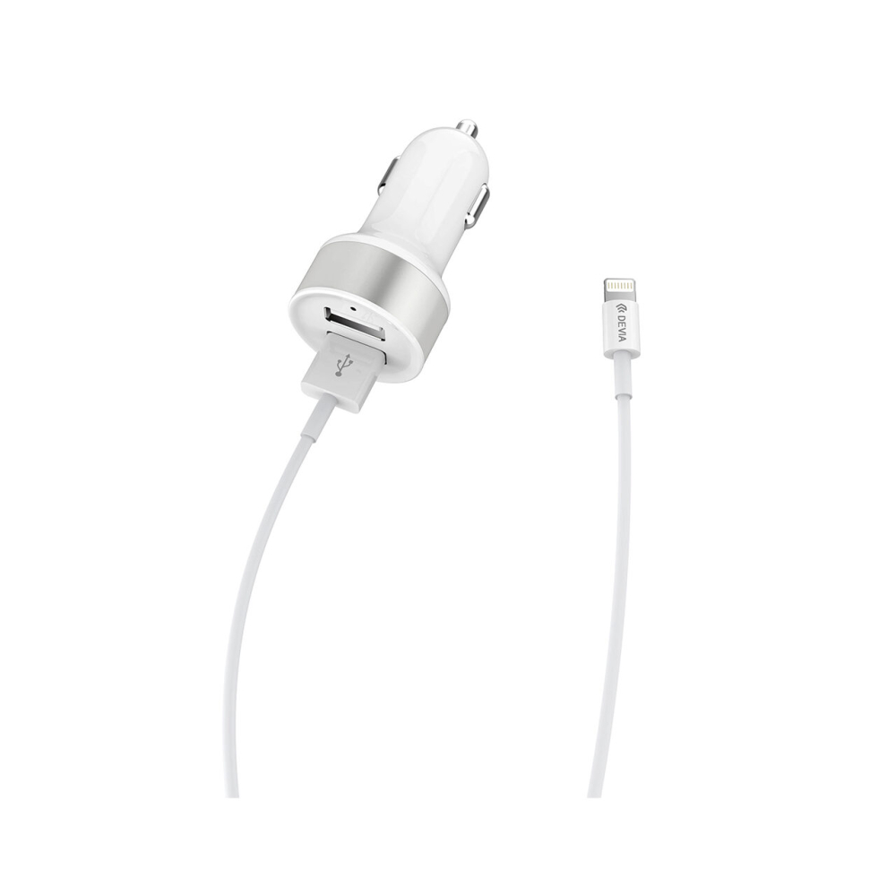 Set Incarcator Auto Devia  Smart Series Dual USB  2.4A cu cablu USB la Lightning (MFI)  White  [2]