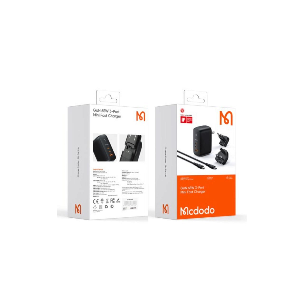 Set Incarcator Retea Mcdodo Mecha Series GaN 65W Dual Type-C + Cablu Type-c la Type-c 60W 2m EU/UK/US plug Black [4]