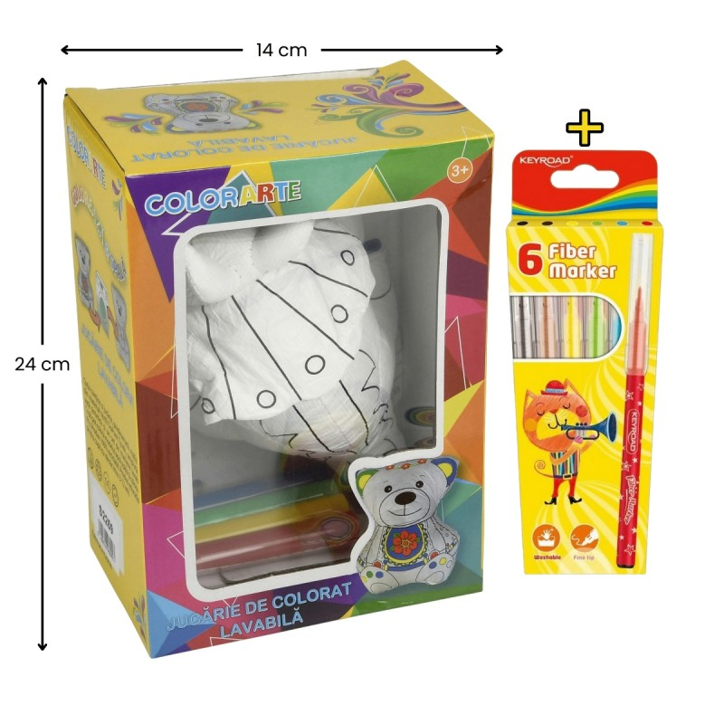 Set Jucarie vatelina pentru colorat lavabila + Carioci Keyroad Washable, 6 culori - 20x14cm - dinozaur, Colorarte [1]