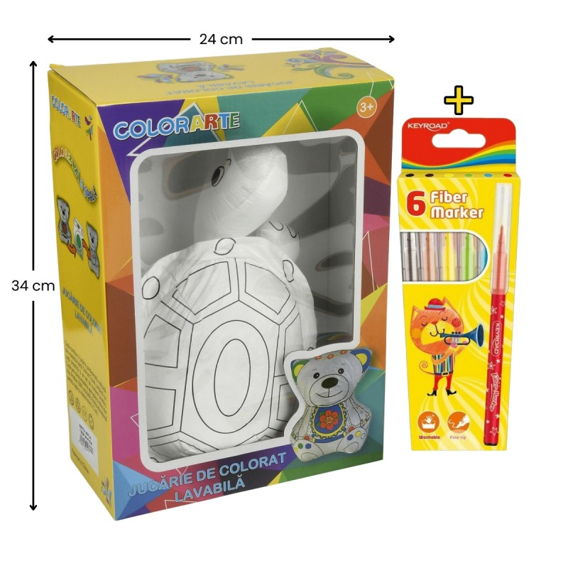 Set Jucarie vatelina pentru colorat lavabila + Carioci Keyroad Washable, 6 culori  - 34x24cm - broasca testoasa, Colorarte [1]