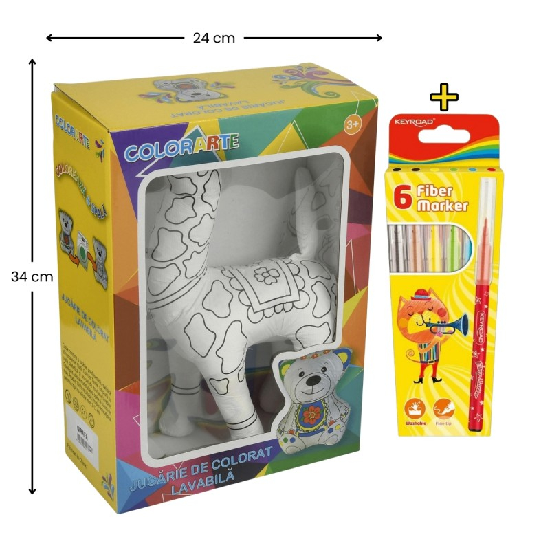 Set Jucarie vatelina pentru colorat lavabila + Carioci Keyroad Washable, 6 culori - 34x24cm - girafa, Colorarte [1]