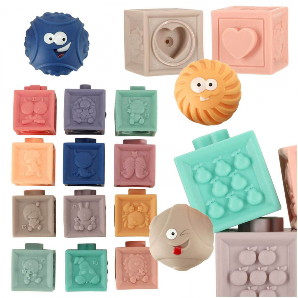 Set Montessori Jucarii Bebelusi 4 in 1, Cuburi Senzoriale, Turn de Baie, Forme si Dentitie, 6-18 Luni [8]