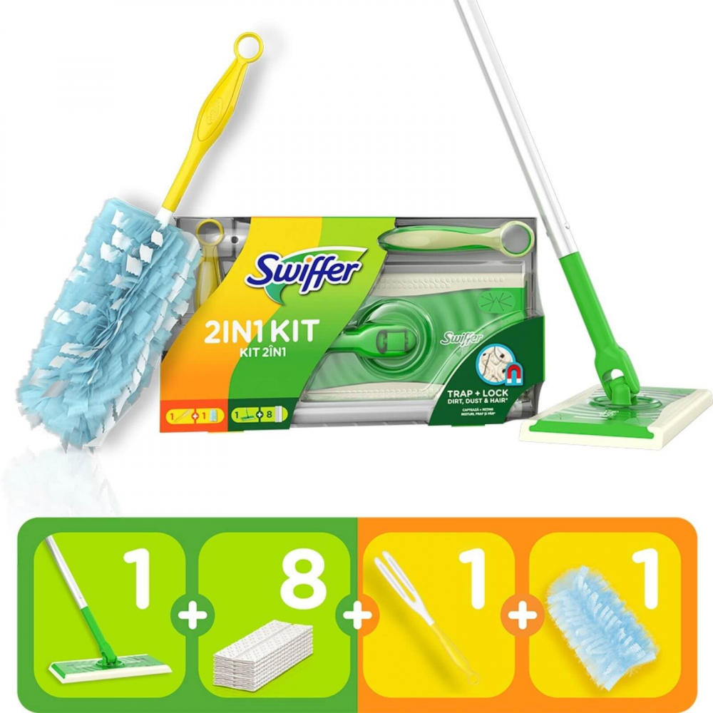 Mop uscat Swiffer cu pamatuf si 8 lavete Trap Lock – Set complet curatenie [1]