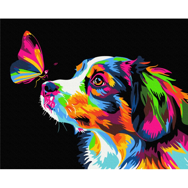 Set pictura pe numere 40x50cm, Brushme - Fluture si Caine colorat - panza neagra, pensule, culori, BSB0029 [2]