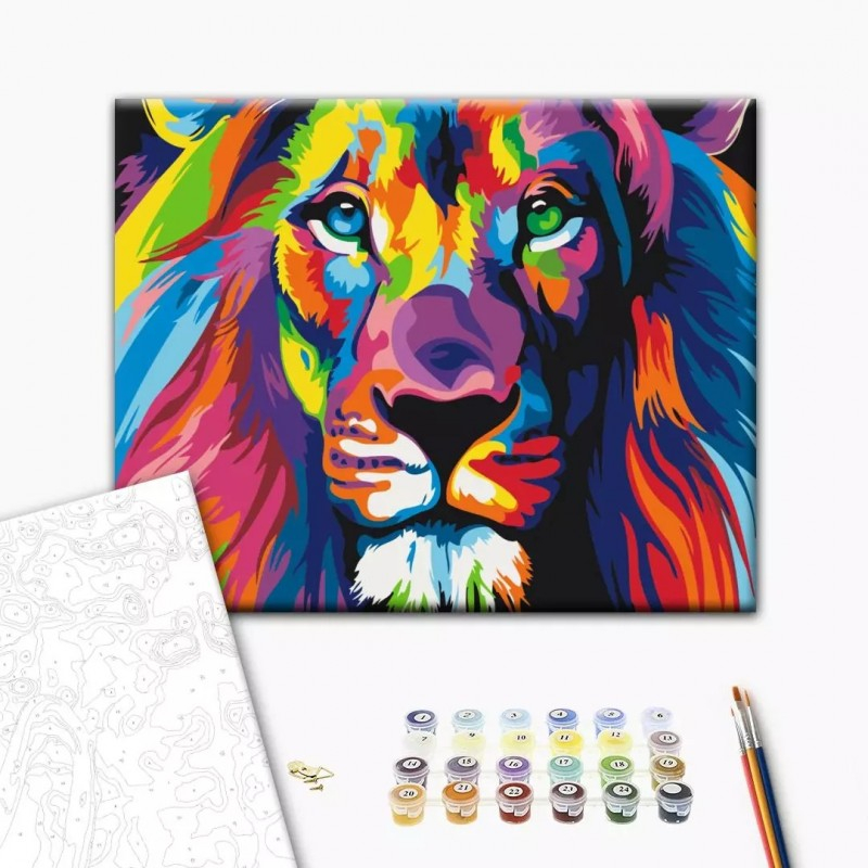 Set Pictura pe numere 40x50cm, Brushme - Leu colorat - panza, cadru de lemn, pensule, culori acrilice, BS8999 [1]