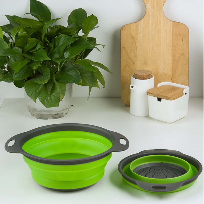 Sita pliabila din silicon, strecuratoare rotunda, cu manere, Verde [2]