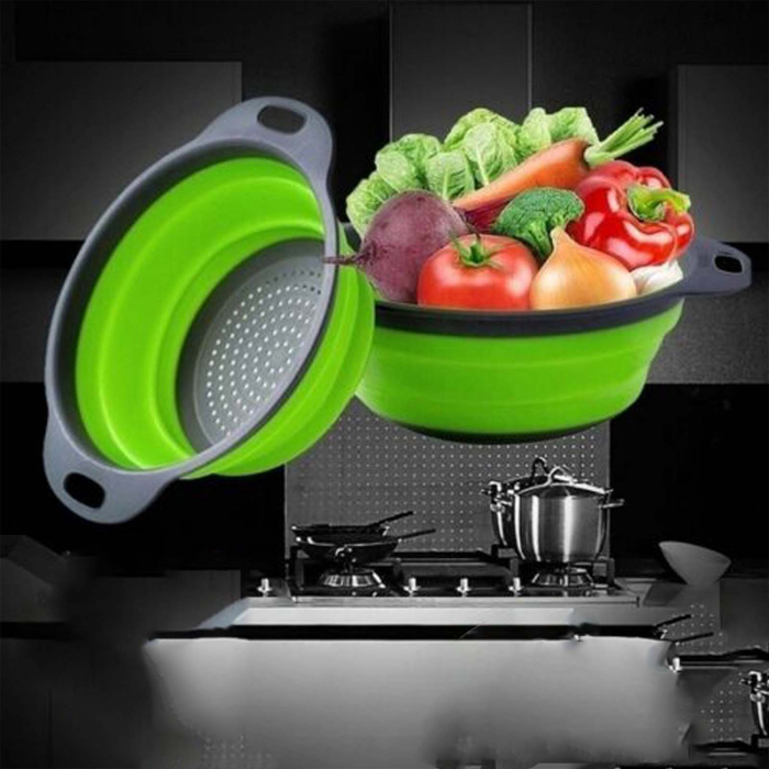 Sita pliabila din silicon, strecuratoare rotunda, cu manere, Verde [1]