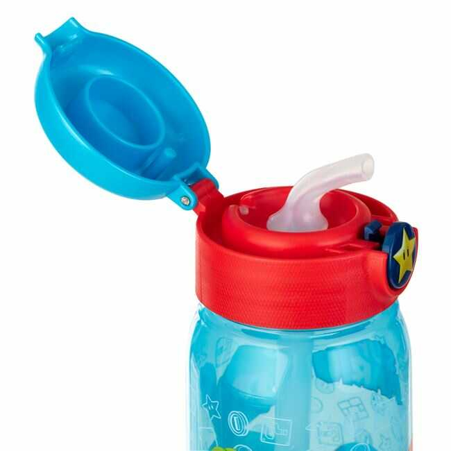 Sticla de apa copii, bidon cu pai, 500 ml, Super Mario, Transparenta Bleu, Pop Up, pentru scoala si gradinita [5]