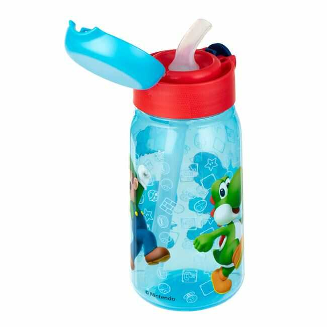 Sticla de apa copii, bidon cu pai, 500 ml, Super Mario, Transparenta Bleu, Pop Up, pentru scoala si gradinita [2]