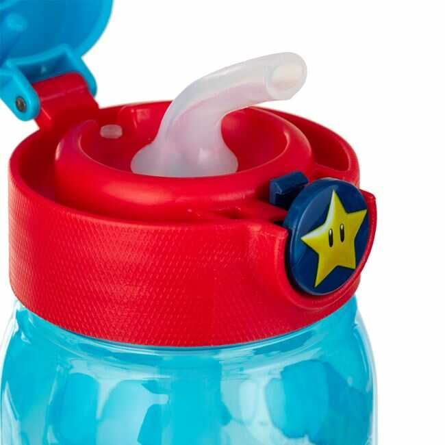 Sticla de apa copii, bidon cu pai, 500 ml, Super Mario, Transparenta Bleu, Pop Up, pentru scoala si gradinita [3]
