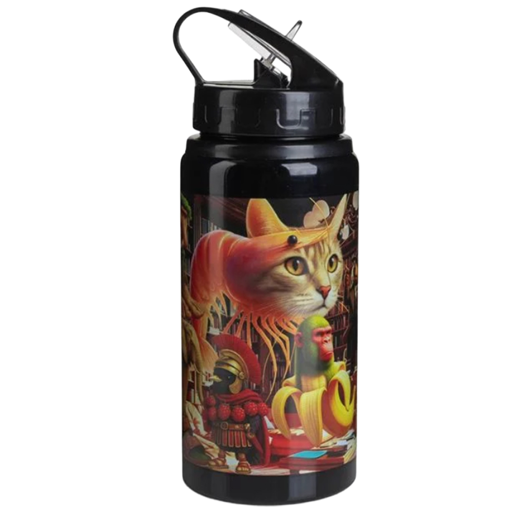 Sticla de Apa pentru Baieti, Brainrot, cu Pai Flip Top si Inel, din Aluminiu,  Negru, 500ml [2]
