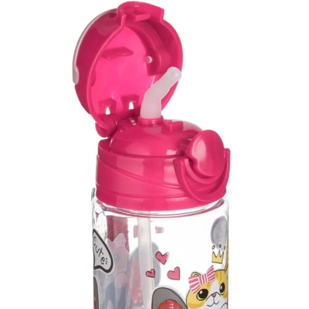 Sticla de Apa pentru copii, Catel & Pisica "Friends", Pop-Up, Transparent Fucsia, 500ml [3]