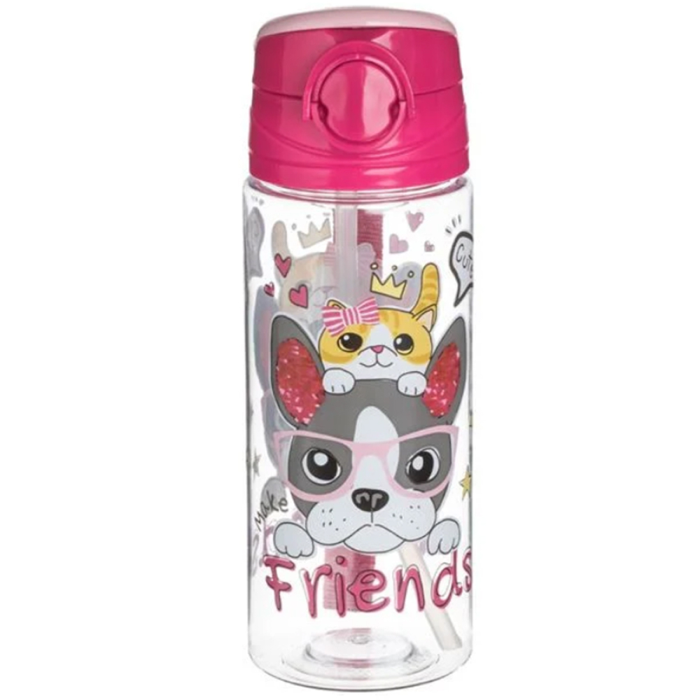 Sticla de Apa pentru copii, Catel & Pisica "Friends", Pop-Up, Transparent Fucsia, 500ml [2]