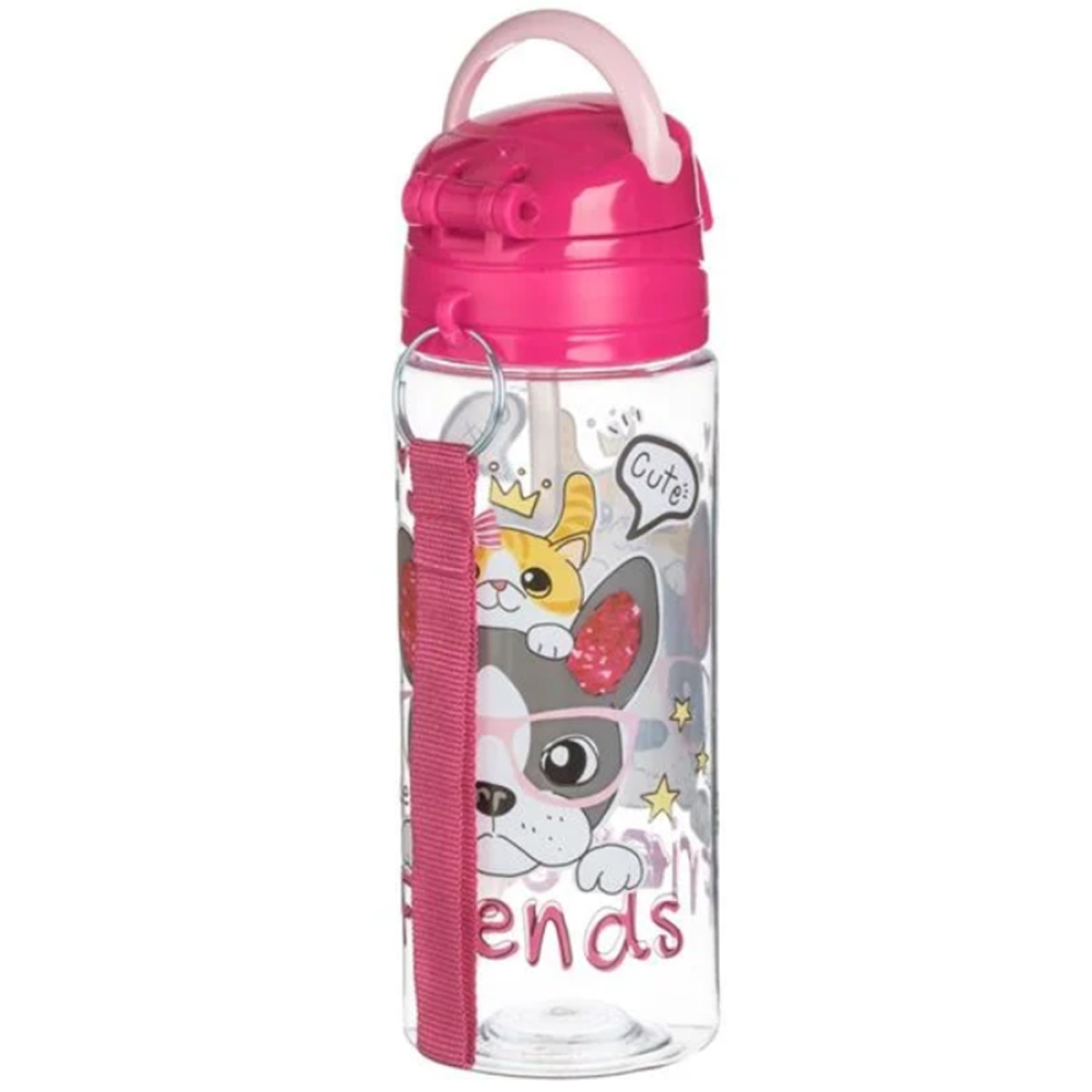 Sticla de Apa pentru copii, Catel & Pisica "Friends", Pop-Up, Transparent Fucsia, 500ml [4]