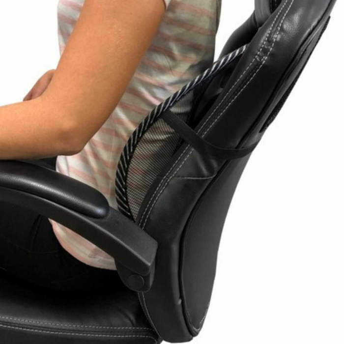 Suport lombar terapeutic, pentru scaun auto sau birou, corecteaza postura, 40 x 39 cm, Metal si Plasa, Negru [9]