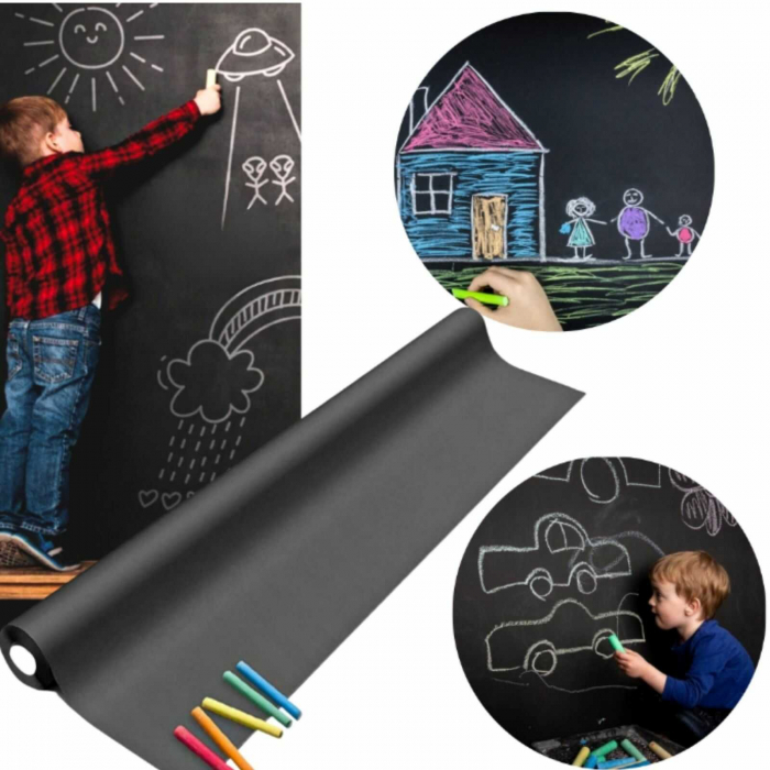 Tabla de scris autocolanta pentru multiple suprafete, tip tapet, reutilizabila, creta inclusa, usor de lipit, 45 x 200 cm, negru [16]