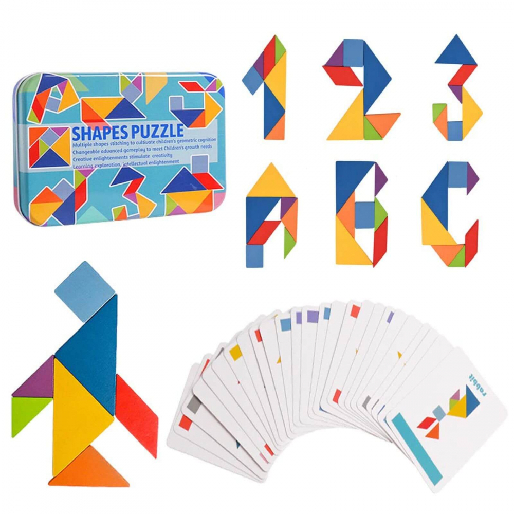 Tangram 7 Piese din Lemn cu 60 Carduri, 120 Modele, Ideal pentru Cadouri de Craciun [2]