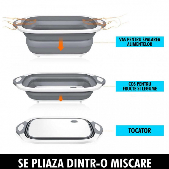 Tocator pliabil din silicon, cos de spalat alimente, Gri / Alb [3]