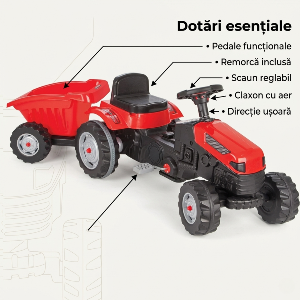 Tractor cu pedale copii cu remorca rosu| scaun reglabil | 3+ ani [3]
