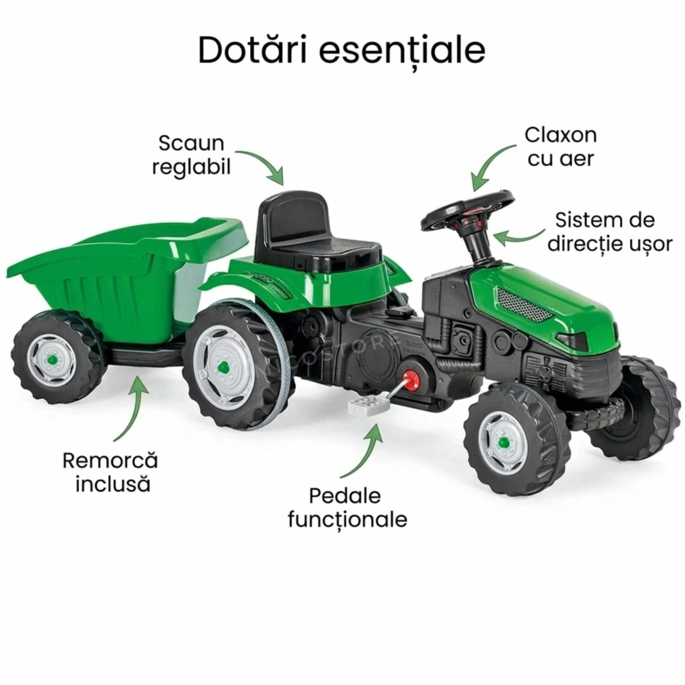 Tractor cu pedale copii cu remorca verde | scaun reglabil | 3+ ani [5]