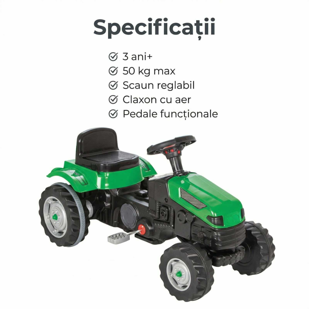 Tractor cu Pedale copii, Verde, Scaun reglabil si Claxon [5]