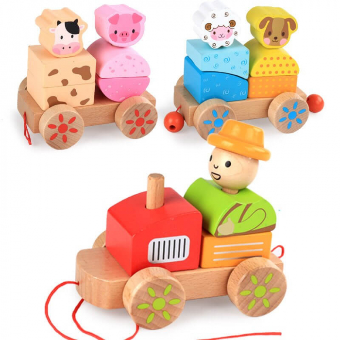 Tren din lemn Ferma Animalelor si cuburi figuri geometrice. [4]