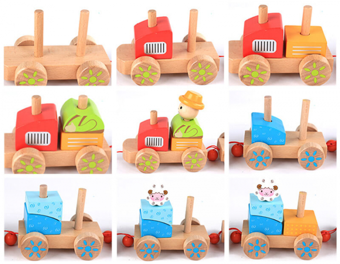 Tren din lemn Ferma Animalelor si cuburi figuri geometrice. [3]