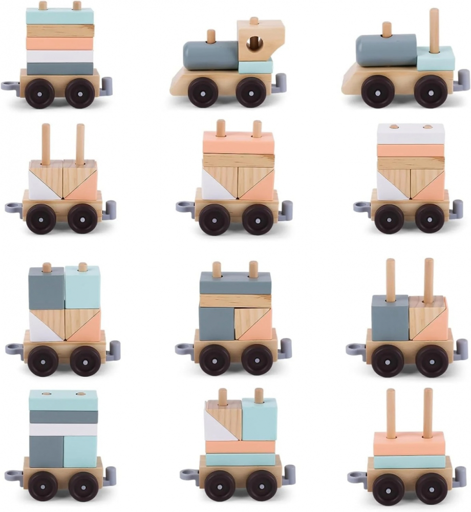 Trenulet cu cuburi din lemn, UMU Toys, varsta 3 - 6 ani, Baiat, Fata [2]