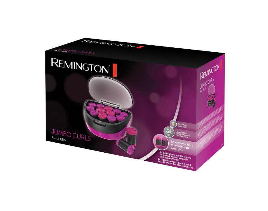 Trusa de bigudiuri electrice remington jumbo curls h5670, 12 bigudiuri, 2 dimensiuni extra mari, invelis catifea, ionizare, nucleu ceara, mov [2]
