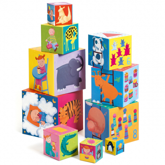Turn piramida de construit cu 10 cuburi din carton, Djeco, Scara, varsta 1 - 3 ani, Baiat, Fata [3]