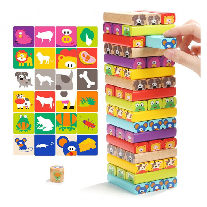 Turnuletul Jenga din lemn cu Animale 4 in 1 [4]