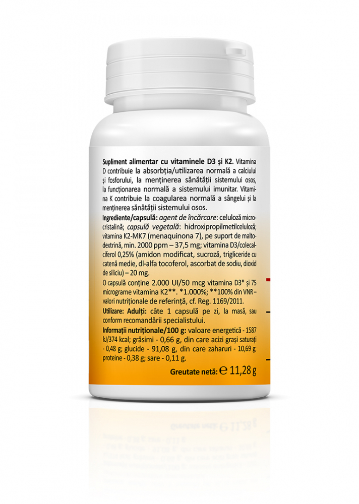 Vitamina D3 + K2: 2-in-1, absorbtia calciului, 2000 UI D3 + 75 mcg K2/capsula, 30 cps [2]