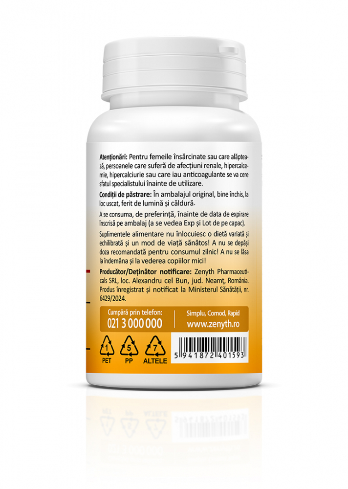 Vitamina D3 + K2: 2-in-1, absorbtia calciului, 2000 UI D3 + 75 mcg K2/capsula, 30 cps [3]