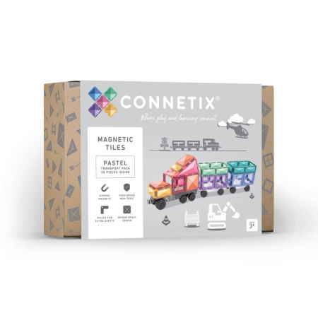 Jucării și Jocuri pentru copii - Set de constructie magnetic, 50 de piese, cu forme geometrice si baza cu roti pentru masinute, Multicolor, Pastel Transport Pack, Magnetic Tiles