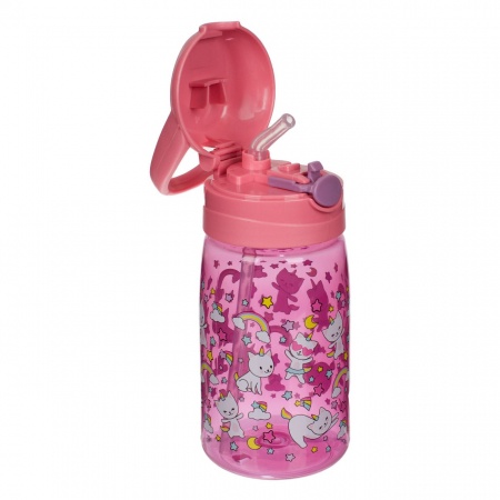 Sticlă de apă și Bidoane - Sticle Apa Copii, Gradinita si Scoala, 430 ml cu Pai si Snur, Pisici