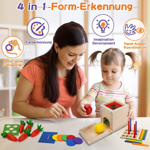 Joc educativ Montessori 4 in 1 Cutia Permanentei, indemanare si sortare, multicolor [1]