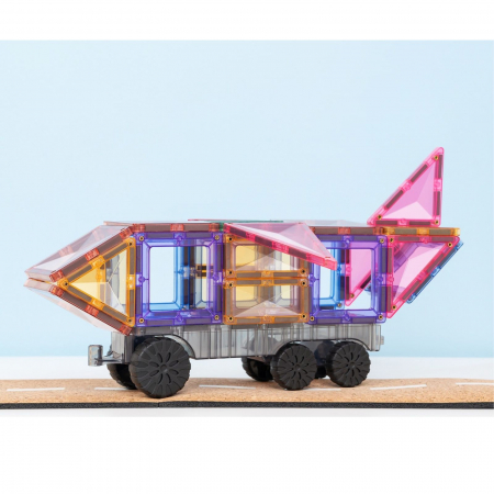 Set de constructie magnetic, 50 de piese, cu forme geometrice si baza cu roti pentru masinute, Multicolor, Pastel Transport Pack, Magnetic Tiles [5]