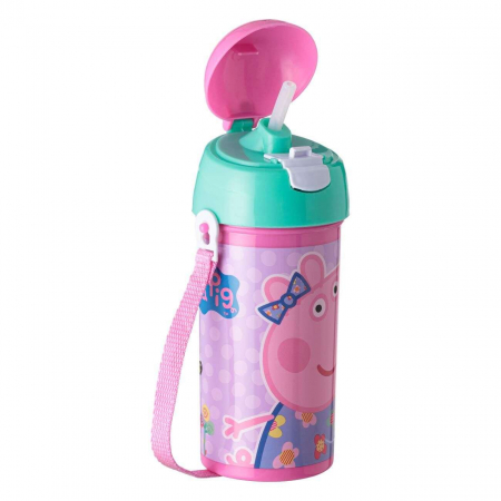 Sticlă de apă și Bidoane - Sticle Apa Copii, Gradinita si Scoala, 500 ml cu Pai, Peppa Pig, Roz