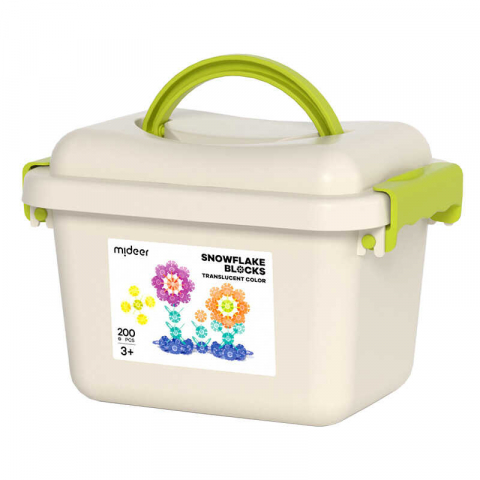 Cuburi de construit din lemn și plastic interconectabil - Set de constructie STEM, fulgi de zapada colorati, din plastic, 200 piese