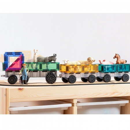 Set de constructie magnetic, 50 de piese, cu forme geometrice si baza cu roti pentru masinute, Multicolor, Pastel Transport Pack, Magnetic Tiles [7]