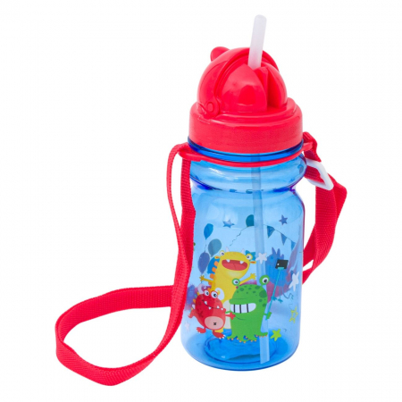 Sticlă de apă și Bidoane - Sticle Apa Copii, Gradinita si Scoala, 350 ml cu Pai si Snur, Monstri