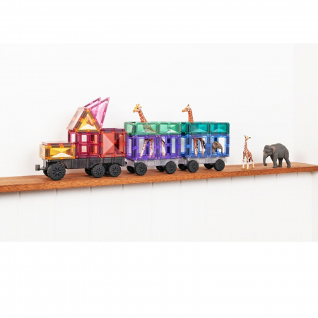 Set de constructie magnetic, 50 de piese, cu forme geometrice si baza cu roti pentru masinute, Multicolor, Pastel Transport Pack, Magnetic Tiles [1]