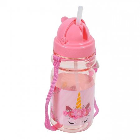 Sticlă de apă și Bidoane - Sticle Apa Copii, Gradinita si Scoala, 350 ml cu Pai si Snur, Unicorni