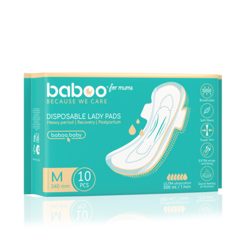 Diversificare si Ingrijire Bebe - Absorbante postnatale de unica folosinta baboo-10 bucati, marime m 340 mm